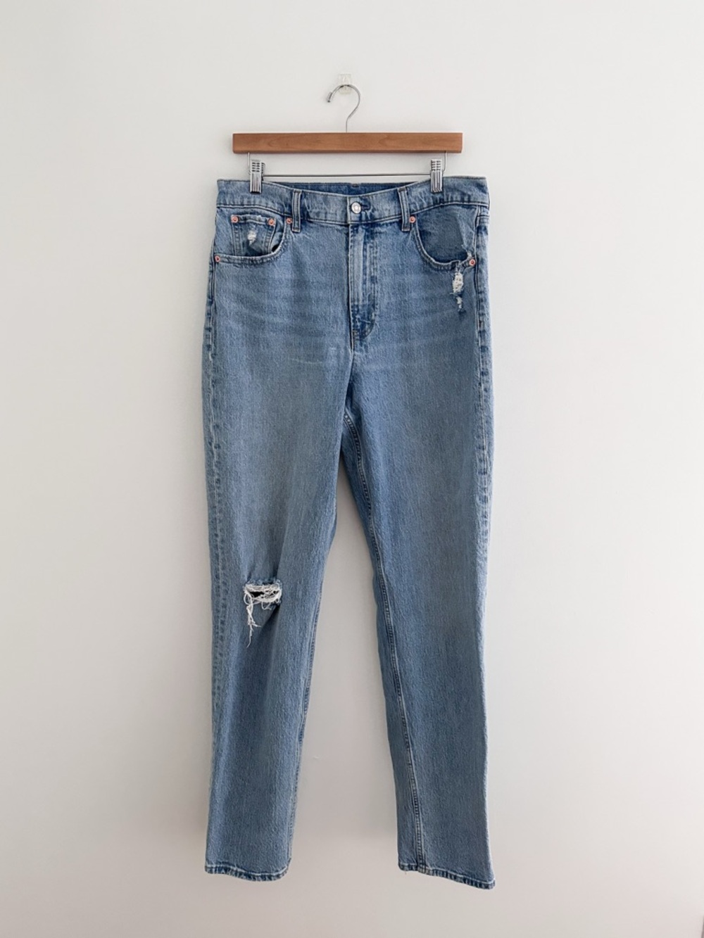 Gap Sky High Straight Leg Jeans | Rigid Denim | Light Wash Distressed | 14 Tall - Picture 2 of 12
